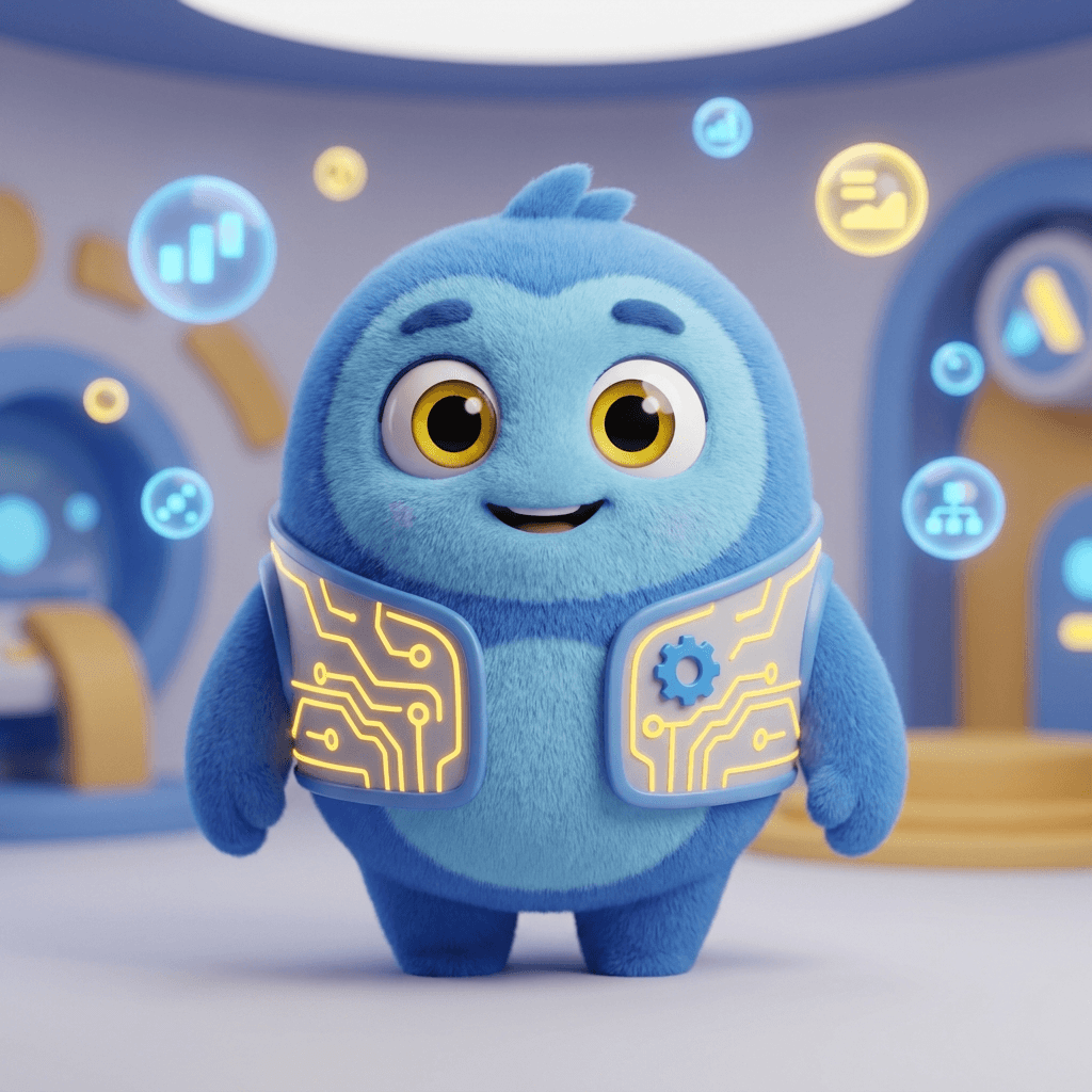 Illy, the friendly Mad Illusions mascot — a smiling blue character